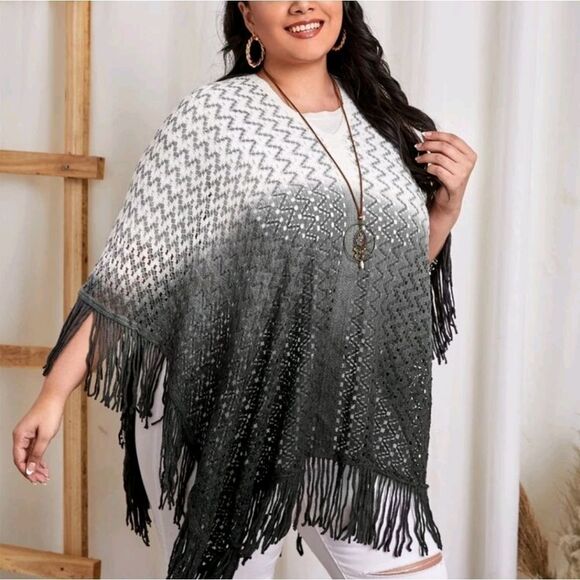 Plus Ombre Fringe Trim Pointelle Knit Poncho - Picture 5 of 6